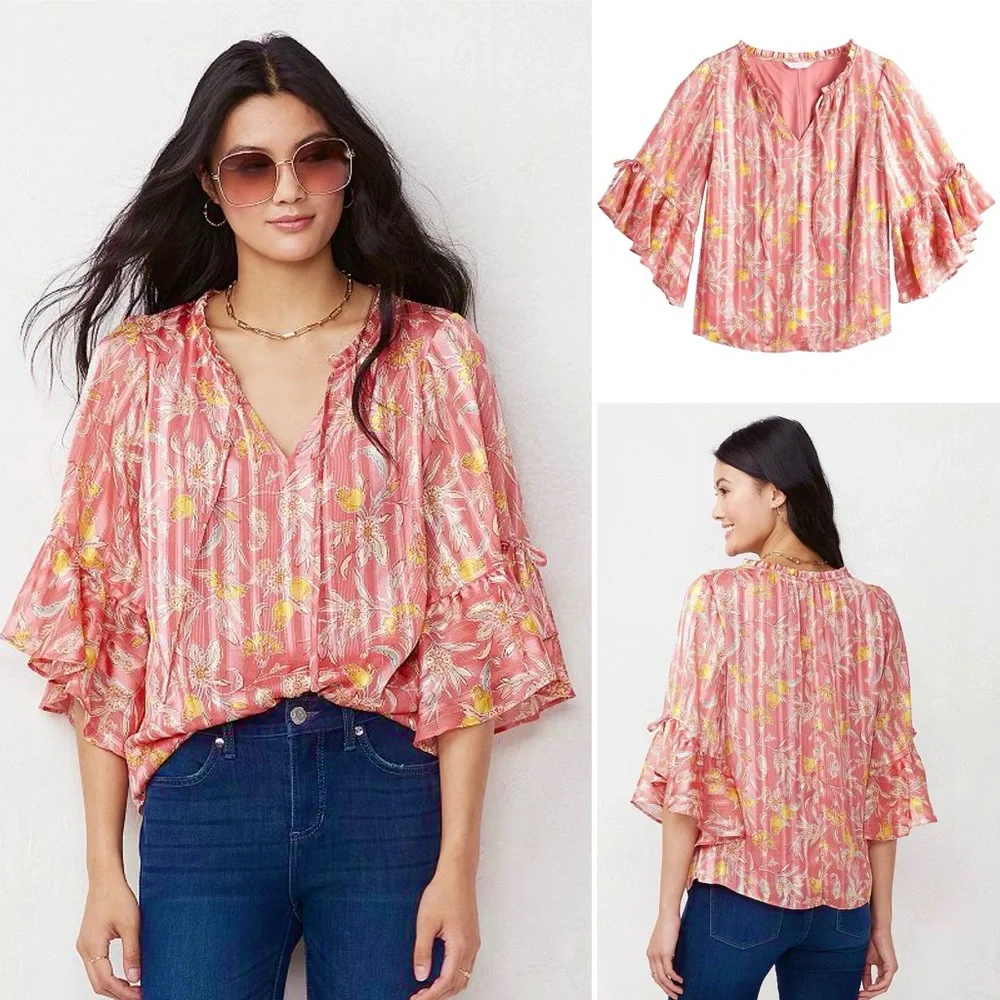 LC LAUREN CONRAD Chiffon Bohemian Blouse 3/4 Ruffle Sleeve Split Neck with Tie - Picture 1 of 12